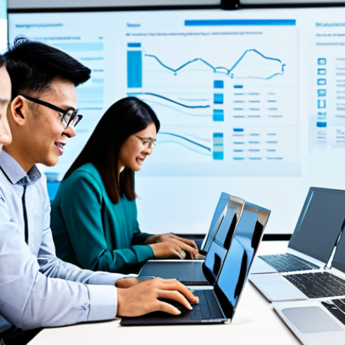 A diverse group of professional individuals, including Malaysian men and women, each respectfully engaged with their own modern digital devices – laptops, tablets, and smartphones – in a clean, brightly lit, contemporary collaborative workspace. Abstract, flowing lines of light subtly illustrate secure, local data processing on each device, with non-identifiable knowledge converging towards a central, luminous, abstract cloud symbol above, representing the privacy-preserving aggregation of insights. The atmosphere is innovative and trustworthy. Fully clothed, modest clothing, appropriate attire, professional dress. Perfect anatomy, correct proportions, natural pose, well-formed hands, proper finger count, natural body proportions. Safe for work, appropriate content, professional, family-friendly.